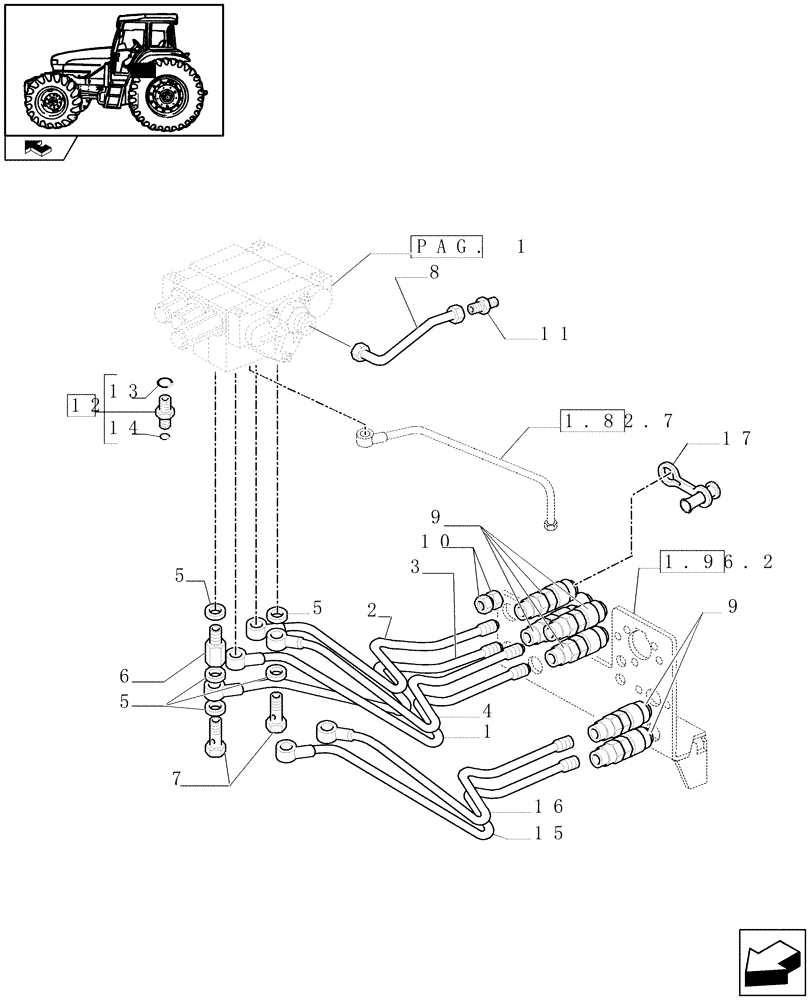 Схема запчастей Case IH FARMALL 95U - (1.82.7/03[02]) - 2 DOUBLE EFFECT AND 1 W/ FLOAT & AUTOM. CUTOUT DISTRIBUTORS - PIPES AND QUICK COUPLINGS (VAR.330360) (07) - HYDRAULIC SYSTEM