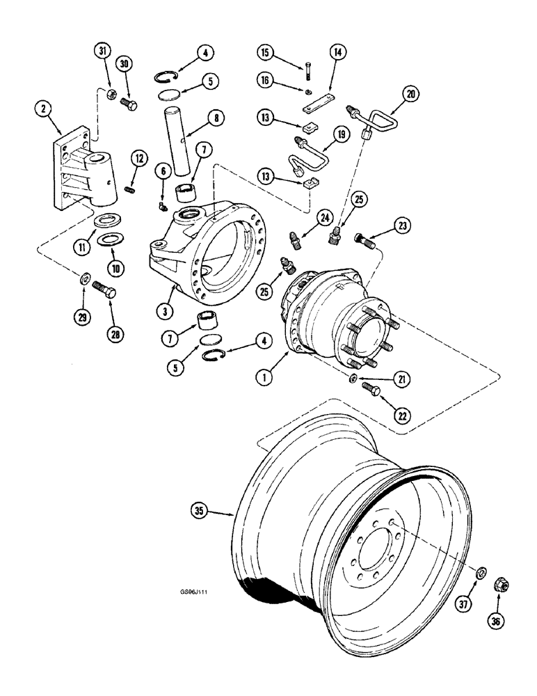 Схема запчастей Case IH 1660 - (5-78) - WHEEL MOTOR AND KING PIN, POWER GUIDE AXLE, P.I.N. JJC0036301 & AFTER (04) - STEERING