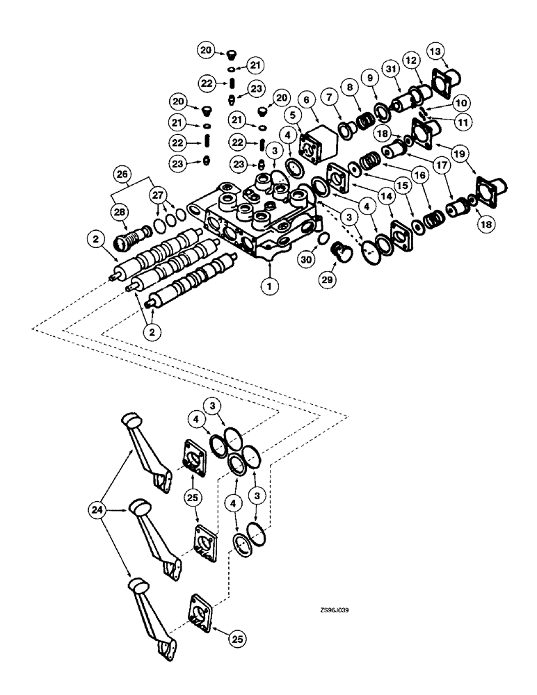 Схема запчастей Case IH 2450 - (4-34) - LOADER CONTROL VALVE, WITH THREE SPOOL UNIBODY 