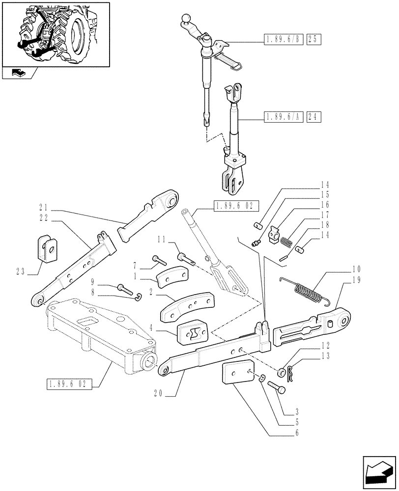 Схема запчастей Case IH FARMALL 95 - (1.89.6/07[01]) - 3 POINT LINKAGE WITH CAT.2 FLEXIBLE ENDS AND SWAY BLOCK STABILIZERS - FOR HIGH CLEARANCE VERSION (VAR.332600) - D7006 (09) - IMPLEMENT LIFT