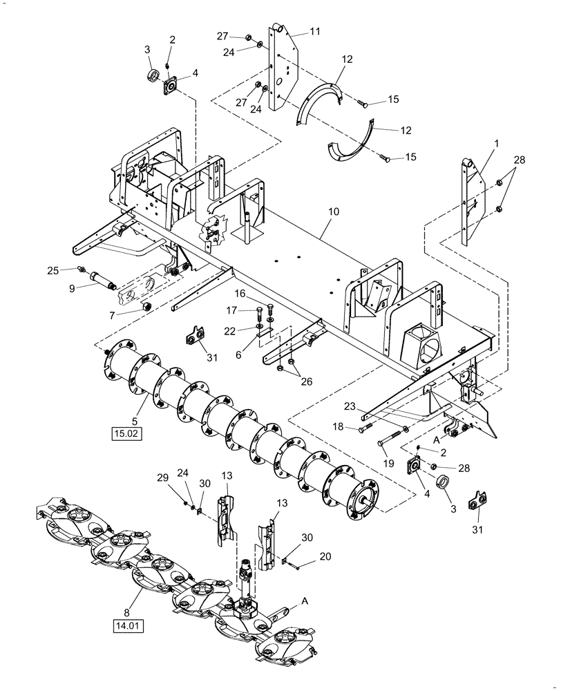 Схема запчастей Case IH DC132F - (15.01) - HEADER AND ROTOR MOUNTNG (15) - CROP CONDITIONING