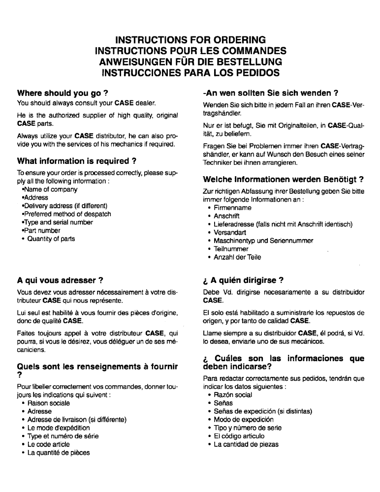 Схема запчастей Case IH 8640 - (1-18) - INSTRUCTIONS FOR ORDERING 