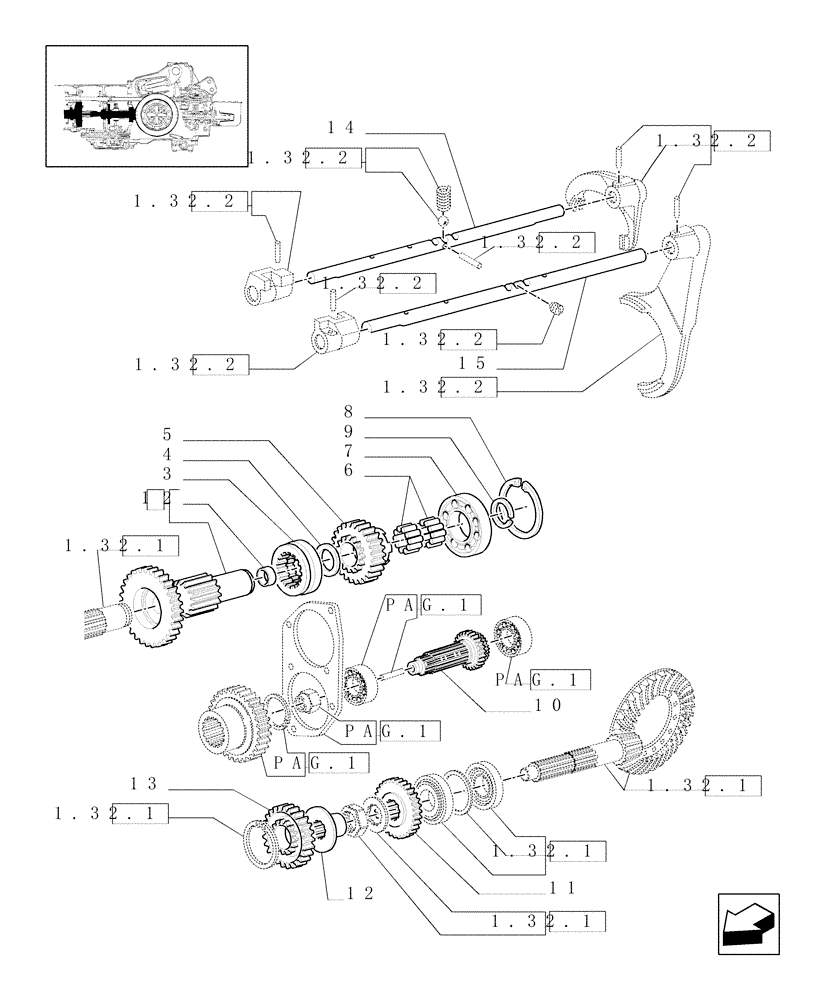 Схема запчастей Case IH JX80U - (1.28.1/02[04]) - (VAR.113-119-119/1) SYNCHRONIZED CREEPER AND REVERSER UNIT - 4WD - SHAFTS AND GEARS (03) - TRANSMISSION