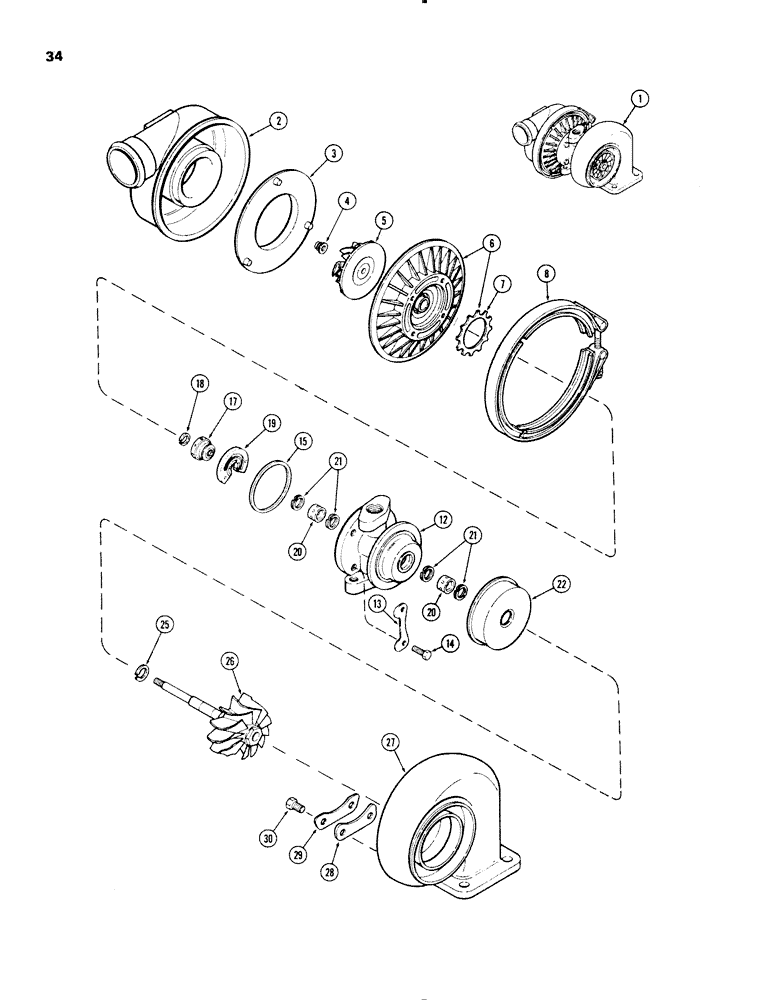 Схема запчастей Case IH 1270 - (034) - TURBO-CHARGER ASSEMBLY, (451 BDT) DIESEL ENGINE, MODEL T04 WITH BACK PLATE BAND (02) - ENGINE