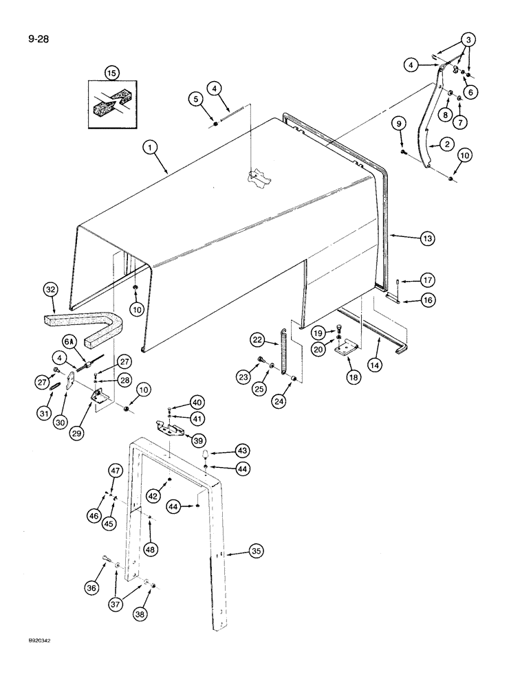 Схема запчастей Case IH 9210 - (9-028) - HOOD AND REAR SUPPORT, WITH ONE PIECE HOOD LATCH AT REAR SUPPORT (09) - CHASSIS/ATTACHMENTS