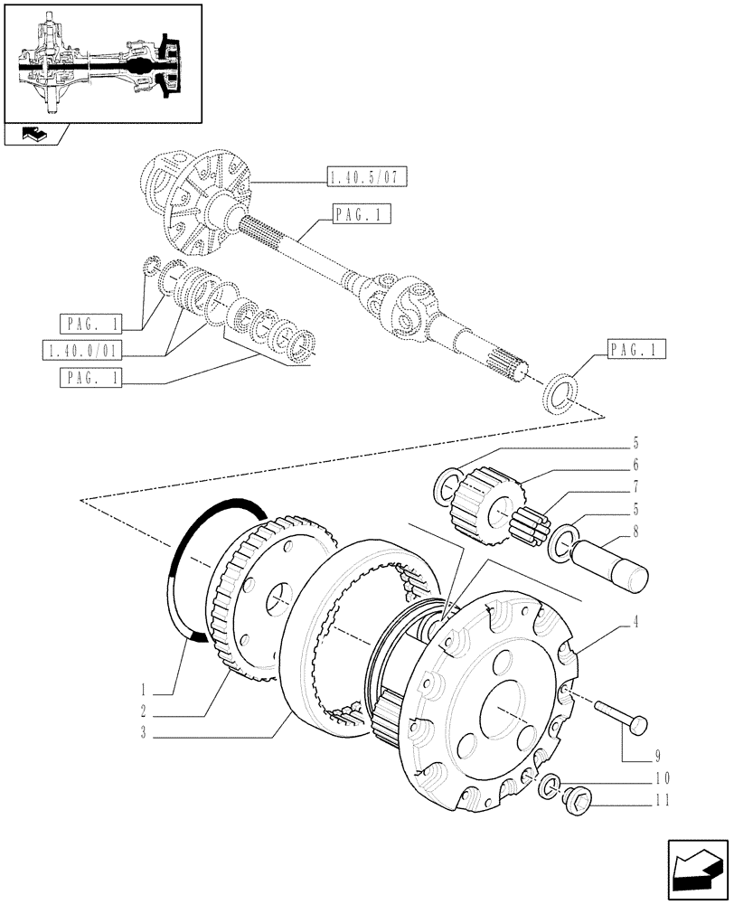 Схема запчастей Case IH FARMALL 85C - (1.40.5/10[02]) - FRONT AXLE WITH ELECTROHYDR. DIFF. LOCK (40 KM/H) - EPICYCLIC REDUCTION GEAR (VAR.331323-332323) (04) - FRONT AXLE & STEERING