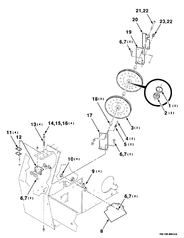 Схема запчастей Case IH 8455T - (6-10) - THREADER PULLEY AND GUIDE ASSEMBLIES, TWINE (14) - BALE CHAMBER