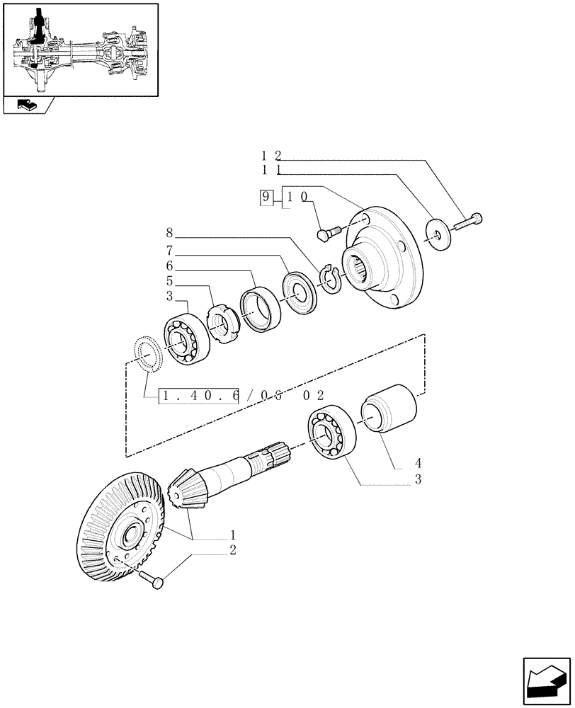 Схема запчастей Case IH PUMA 155 - (1.40.6/06[01]) - (CL.4) SUSPENDED FRONT AXLE W/MULTI-PLATE DIFF. LOCK AND ST. SENSOR - BEVEL GEAR PAIR - C6758 (VAR.330429) (04) - FRONT AXLE & STEERING