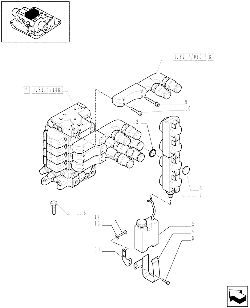 Схема запчастей Case IH MAXXUM 100 - (1.82.7/18[01B]) - 4 ELECTROHYDRAULIC REAR REMOTE CONTROL VALVES (EHS1) - DISTRIB., COVER AND OIL COLLECTOR - D6788 (VAR.330862) (07) - HYDRAULIC SYSTEM