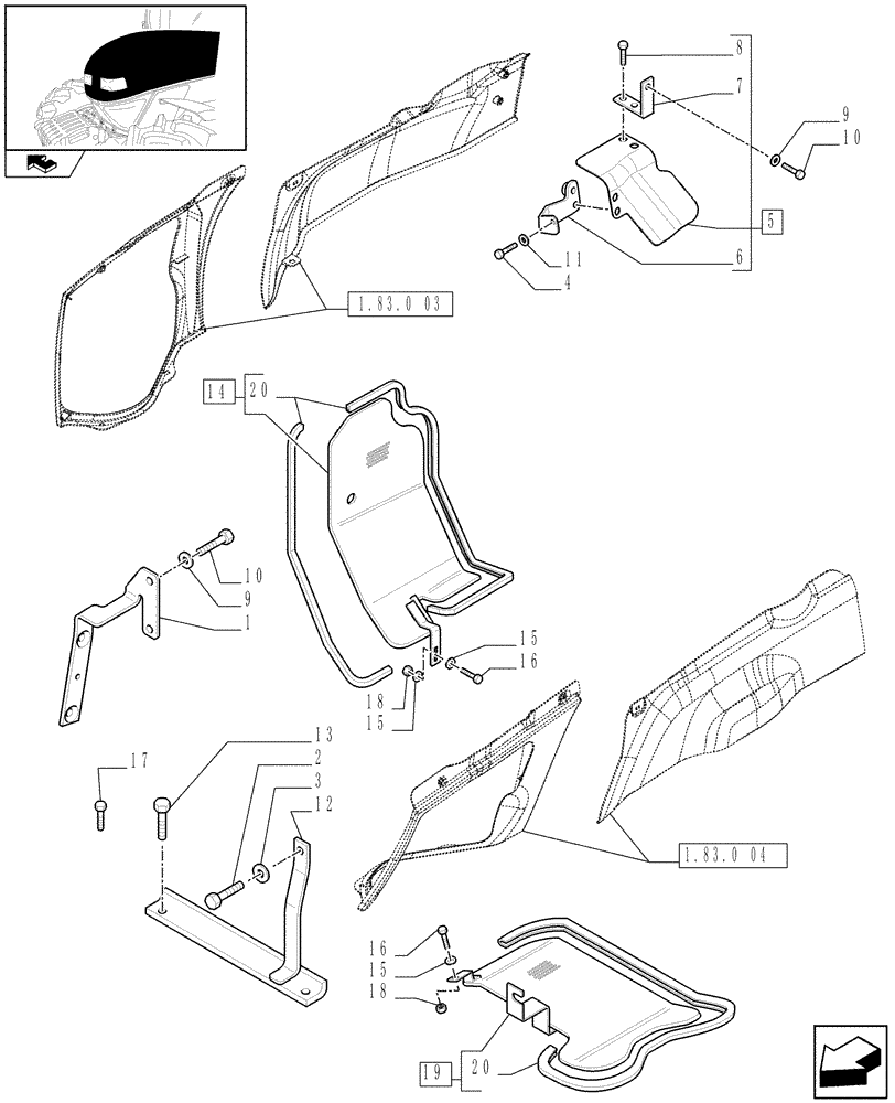 Схема запчастей Case IH FARMALL 85N - (1.83.0[05]) - HOOD BRACKETS AND HEAT PROTECTIONS (08) - SHEET METAL