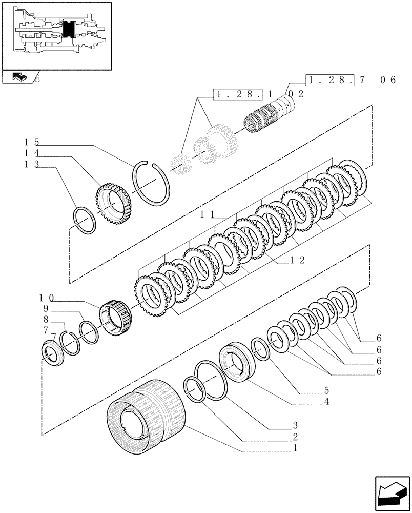 Схема запчастей Case IH MAXXUM 140 - (1.28.7[05]) - TRANSMISSION 16X16 OR 17X16 - SPEED ENGAGEMENT REAR CLUTCH - HOUSING AND C4 DISKS - C6835 (03) - TRANSMISSION