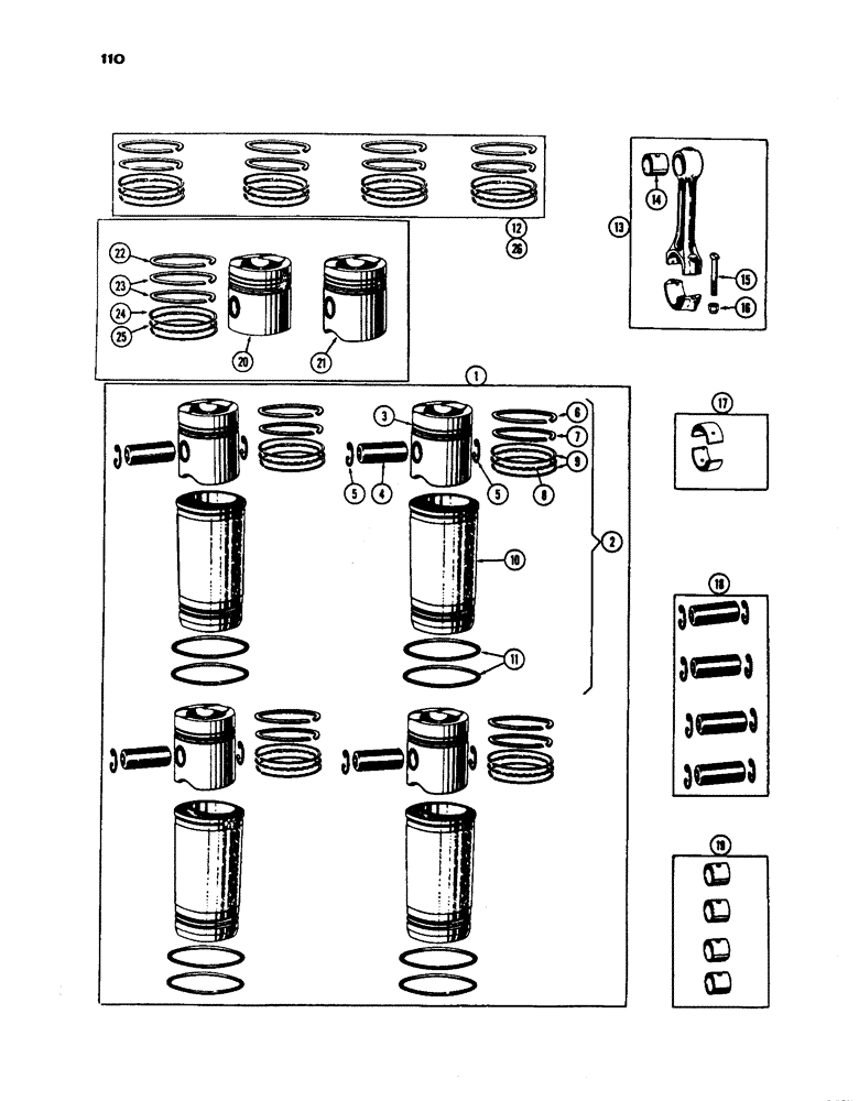 Схема запчастей Case IH 530 - (110) - PISTONS, SLEEVES AND CONNECTING RODS, PRIOR TO S/N 8262800, 430 AND 530 MODELS, 188 DIESEL ENGINE (02) - ENGINE