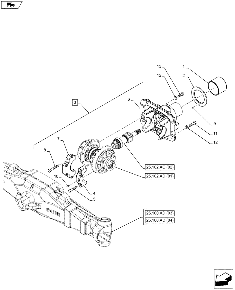 Схема запчастей Case IH FARMALL 85C - (25.102.AC[07]) - VAR - 337323, 338323 - 4WD FRONT AXLE, DIFFERENTIAL CARRIER, W/HYDRAULIC DIFFERENTIAL LOCK (HEAVY DUTY) (25) - FRONT AXLE SYSTEM