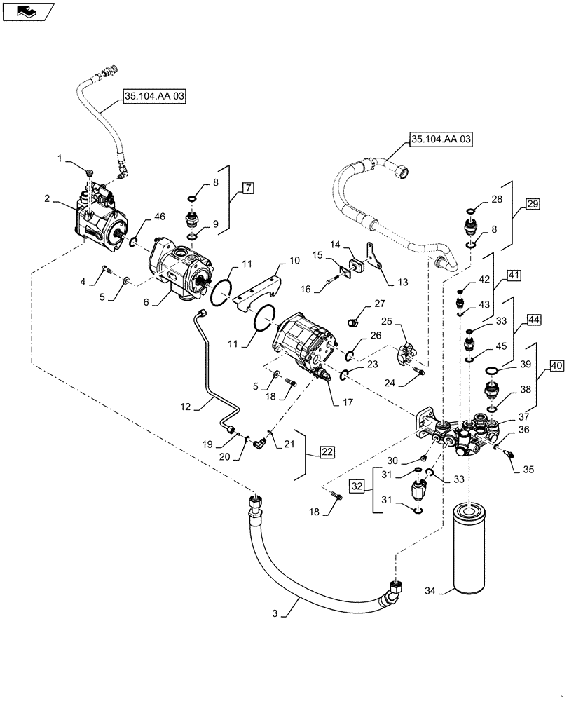 Схема запчастей Case IH MAGNUM 340 - (35.104.AA[02]) - VAR - 420400 - POWERSHIFT - HYDRAULIC SYSTEM, PISTON PUMP & FILTER, TWIN MEGA FLOW CAPACITY (35) - HYDRAULIC SYSTEMS