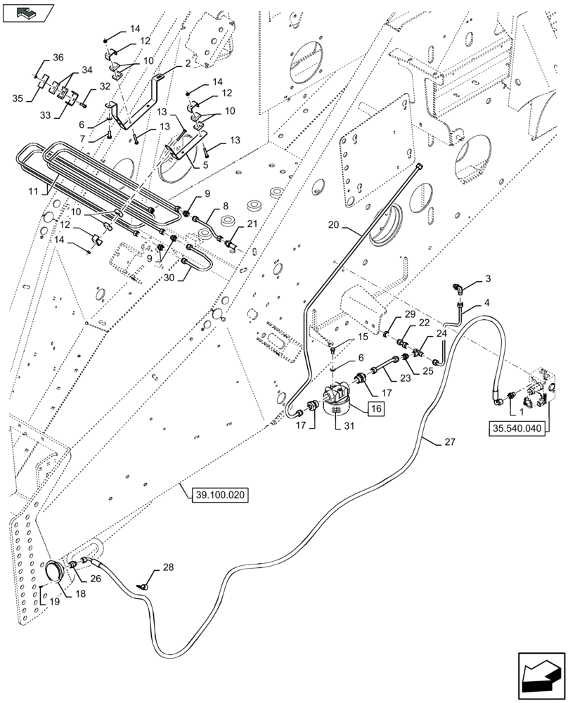 Схема запчастей Case IH LB334R - (35.540.051) - TENSION RAILS, OIL FILTER - D024 (35) - HYDRAULIC SYSTEMS