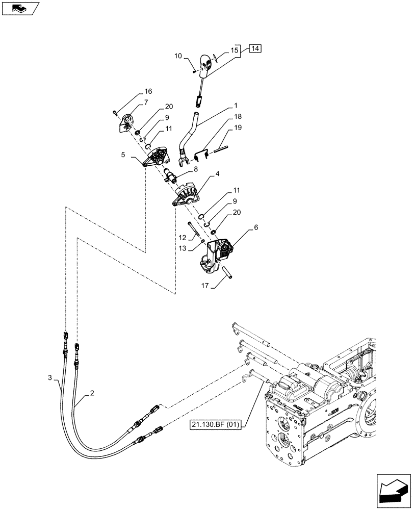 Схема запчастей Case IH FARMALL 85C - (21.130.BC[08]) - VAR - 744761, 744762, 744763 - GEARSHIFT, CONTROL LEVER (21) - TRANSMISSION