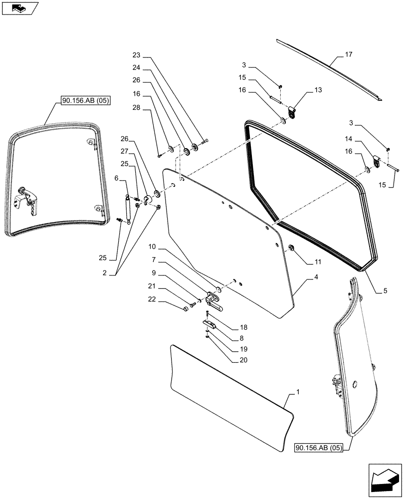 Схема запчастей Case IH FARMALL 95C - (90.156.AB[04]) - VAR - 331606, 334181, 334182, 334184, 334212, 339606 - CAB GLASS, REAR (90) - PLATFORM, CAB, BODYWORK AND DECALS