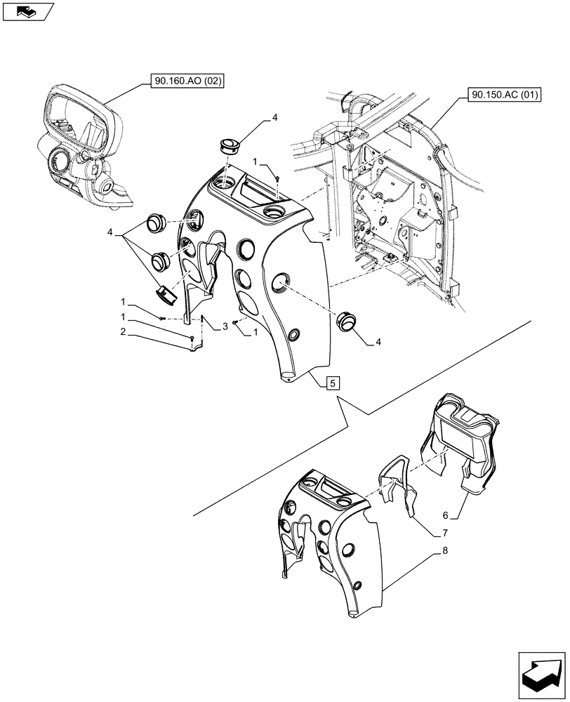 Схема запчастей Case IH FARMALL 105C - (90.160.AO[01]) - VAR - 334179, 334180, 334183, 334185, 334211, 336606, 391606, 743496, 743573, 744588 - INSTRUMENT PANEL, W/ CAB (90) - PLATFORM, CAB, BODYWORK AND DECALS