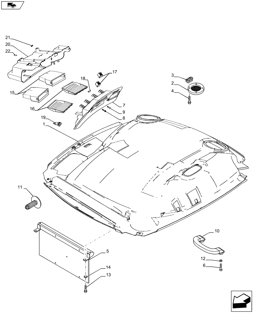 Схема запчастей Case IH PUMA 160 - (90.160.11[01A]) - VAR - 331515, 331827, 332827, 743710, 743729 - ROOF WITH HIGH PROFILE LESS HIGH VISIBILITY PANEL - HEADLINER - ISO - D9018 (90) - PLATFORM, CAB, BODYWORK AND DECALS