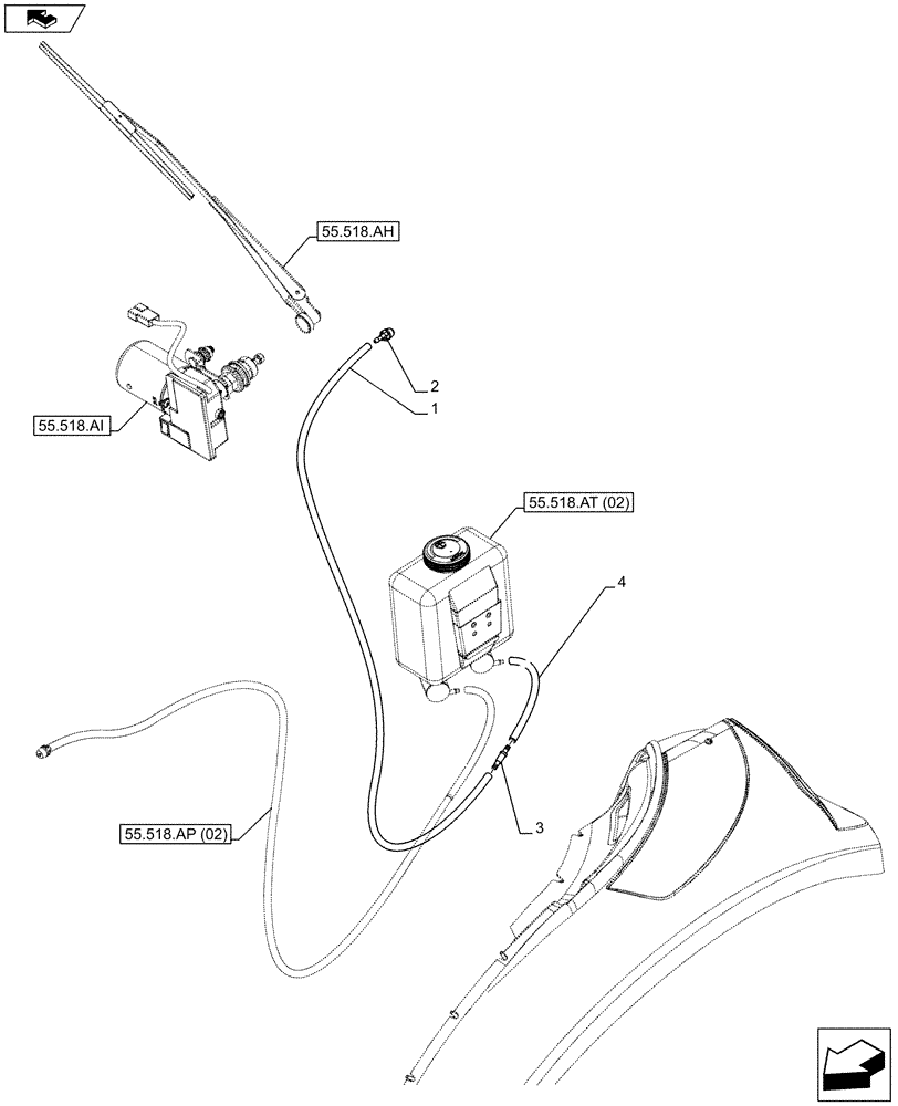 Схема запчастей Case IH FARMALL 95C - (55.518.AB[02]) - VAR - 334180, 334181, 334182, 334183, 334184, 334185, 744588 - HOSE WASHER, REAR (55) - ELECTRICAL SYSTEMS