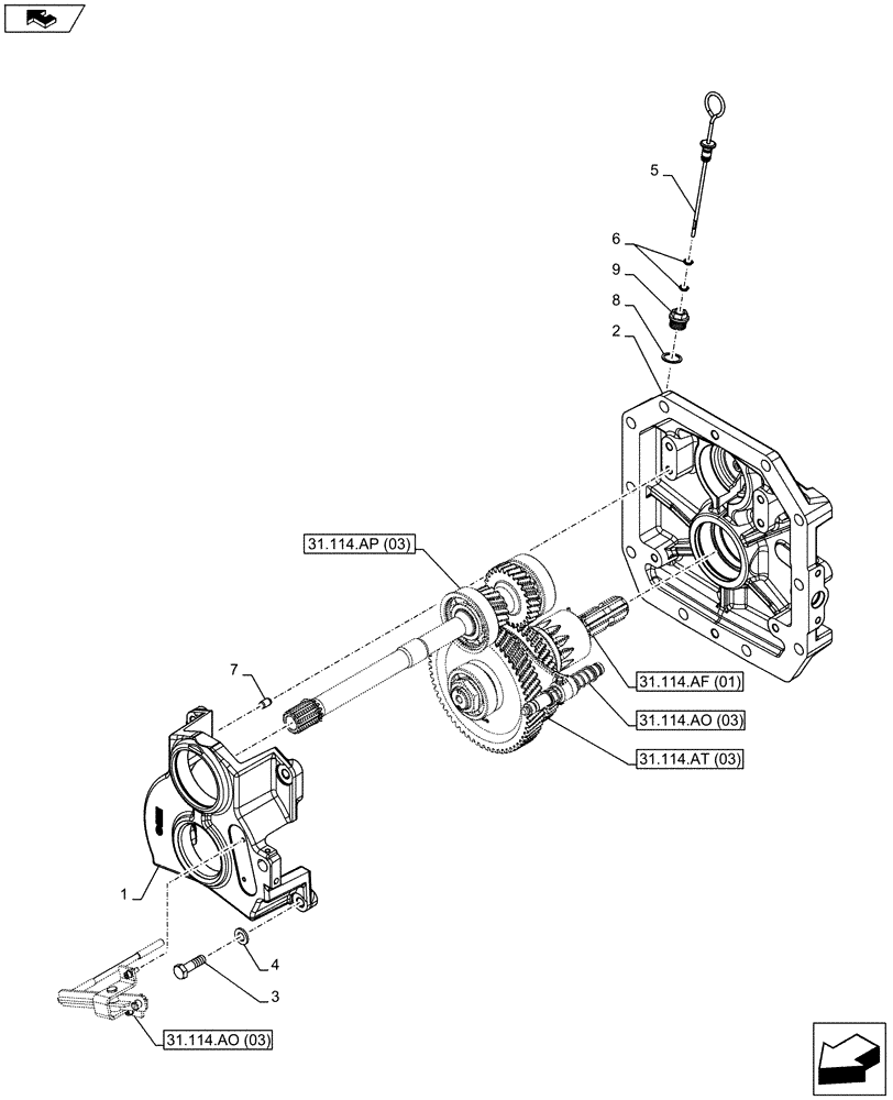 Схема запчастей Case IH FARMALL 95C - (31.114.AH[05]) - VAR - 743594 - PTO 540/1000 RPM, MECHANICAL, CASING, DIPSTICK, W/O CAB - NA (31) - IMPLEMENT POWER TAKE OFF