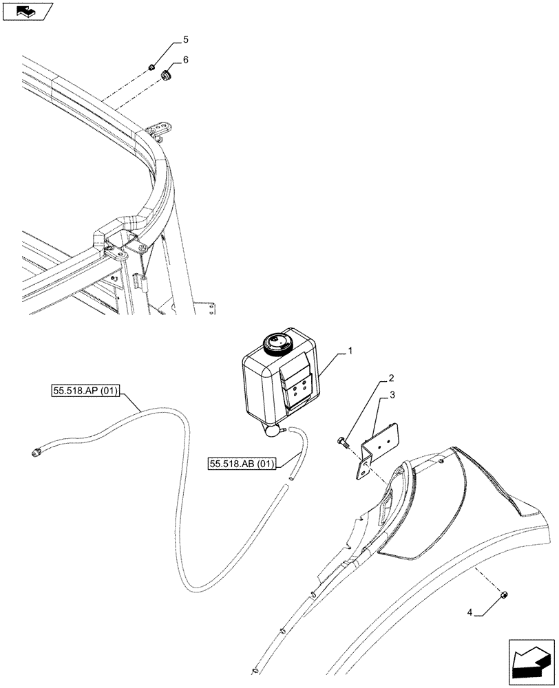 Схема запчастей Case IH FARMALL 115C - (55.518.AT[01]) - VAR - 391606, 331606, 333606, 334179, 334211, 744588, 336606, 339606 - WINDSHIELD WASH RESERVOIR (55) - ELECTRICAL SYSTEMS