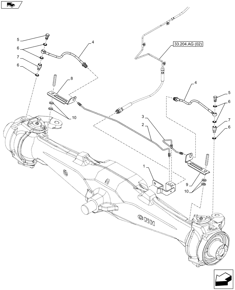 Схема запчастей Case IH FARMALL 105C - (33.204.AG[01]) - VAR - 743561, 338323 - 4WD FRONT AXLE, W/HYDRAULIC DIFFERENTIAL LOCK AND BRAKE, BRAKE LINES (33) - BRAKES & CONTROLS