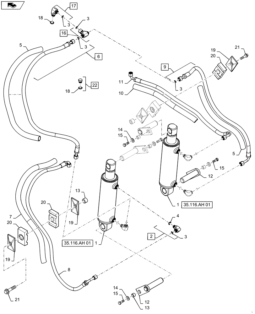 Схема запчастей Case IH MAGNUM 340 - (35.116.AL[01]) - VAR - 420519 (MAGNUM 235, 260, 290) - REAR HITCH - LIFT CYLINDER PLUMBING 95MM (35) - HYDRAULIC SYSTEMS