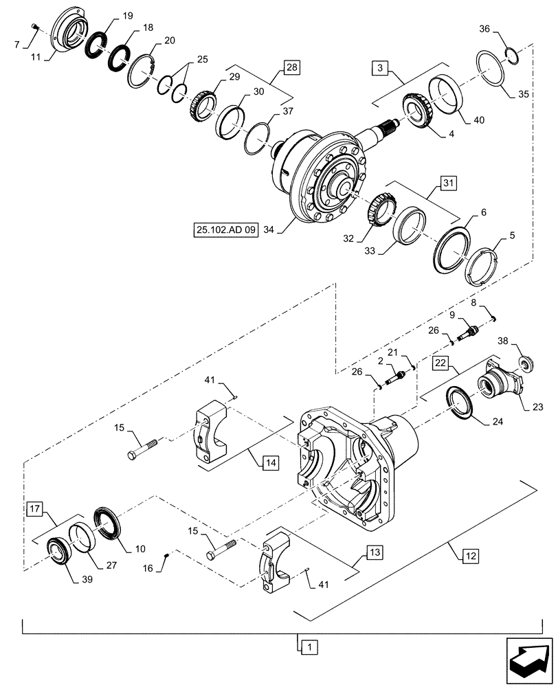 Схема запчастей Case IH MAGNUM 280 - (25.102.AB[02]) - VAR- 420277, 429199 - FRONT AXLE, PINION ASSY WITH DIFFERENTIAL - CL 5 (25) - FRONT AXLE SYSTEM