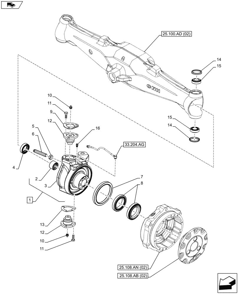 Схема запчастей Case IH FARMALL 115C - (25.108.AG[02]) - VAR - 743561 - 4WD FRONT AXLE, STEERING KNUCKLE, W/HYDRAULIC DIFFERENTIAL LOCK AND BRAKE (25) - FRONT AXLE SYSTEM