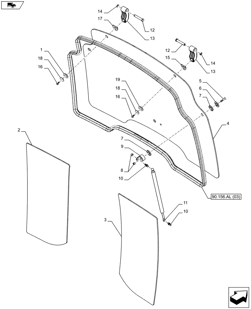 Схема запчастей Case IH FARMALL 85C - (90.156.AL[02]) - VAR - 331606, 334181, 334182, 334184, 334212, 339606 - CAB GLASS, WINDSHIELD - ISO (90) - PLATFORM, CAB, BODYWORK AND DECALS