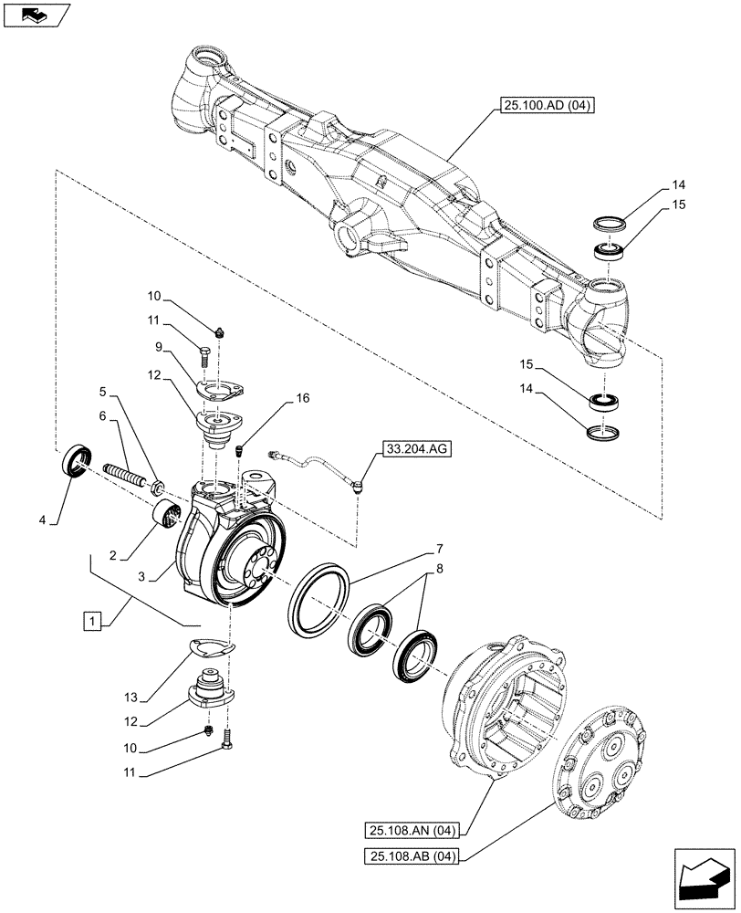 Схема запчастей Case IH FARMALL 95C - (25.108.AG[04]) - VAR - 338323 - 4WD FRONT AXLE, STEERING KNUCKLE, W/HYDRAULIC DIFFERENTIAL LOCK AND BRAKE (HEAVY DUTY) (25) - FRONT AXLE SYSTEM