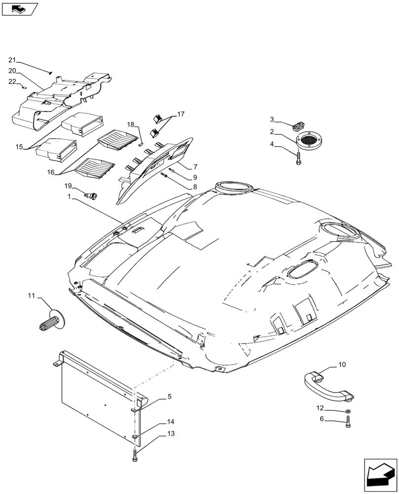 Схема запчастей Case IH PUMA 145 - (90.160.11[01A]) - VAR - 331515, 331827, 332827, 743710, 743729 - ROOF WITH HIGH PROFILE LESS HIGH VISIBILITY PANEL - HEADLINER - ISO - D9018 (90) - PLATFORM, CAB, BODYWORK AND DECALS