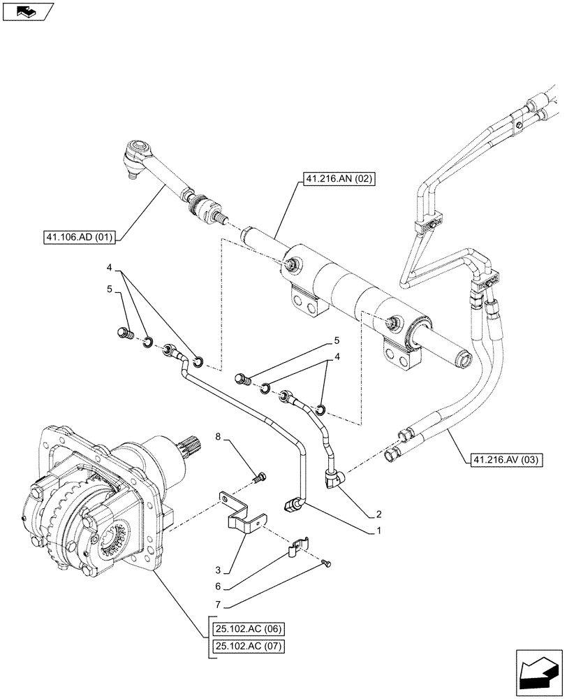 Схема запчастей Case IH FARMALL 115C - (41.216.AU[02]) - VAR - 744581, 337323, 338323 - 4WD FRONT AXLE, STEERING CYLINDER HYD. LINE (HEAVY DUTY) (41) - STEERING