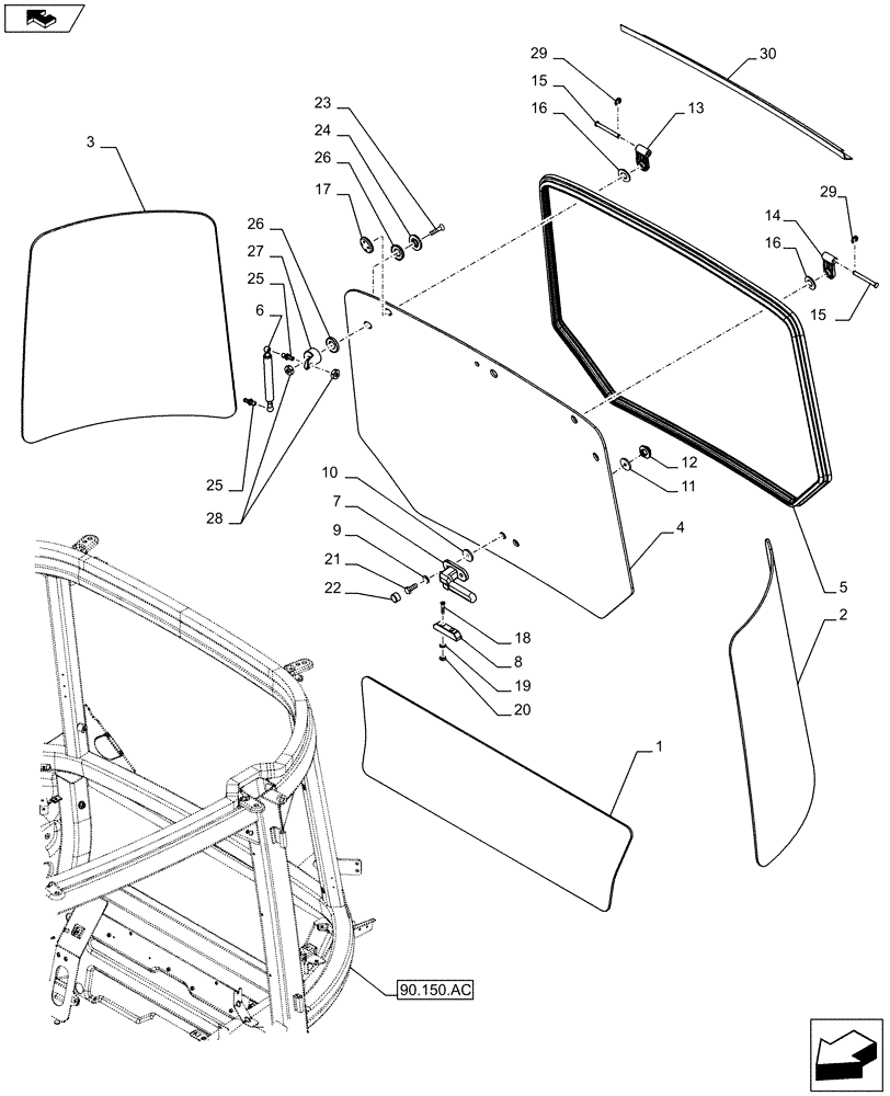 Схема запчастей Case IH FARMALL 85C - (90.156.AB[01]) - VAR - 391606, 743573, 743596, 744588 - CAB GLASS, REAR (90) - PLATFORM, CAB, BODYWORK AND DECALS