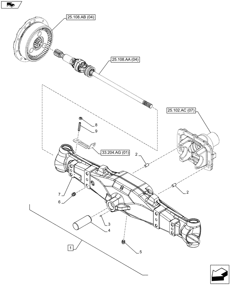 Схема запчастей Case IH FARMALL 105C - (25.100.AD[04]) - VAR - 338323 - 4WD FRONT AXLE, HOUSING, W/HYDRAULIC DIFFERENTIAL LOCK AND BRAKE (HEAVY DUTY) (25) - FRONT AXLE SYSTEM