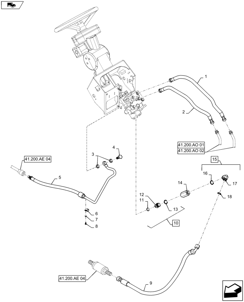 Схема запчастей Case IH MAXXUM 140 - (41.200.AE[07]) - VAR - 331658, 331659 + STD - FAST STEERING WITH 113L/MIN CCLS PUMP - STEERING MOTOR PIPES (41) - STEERING