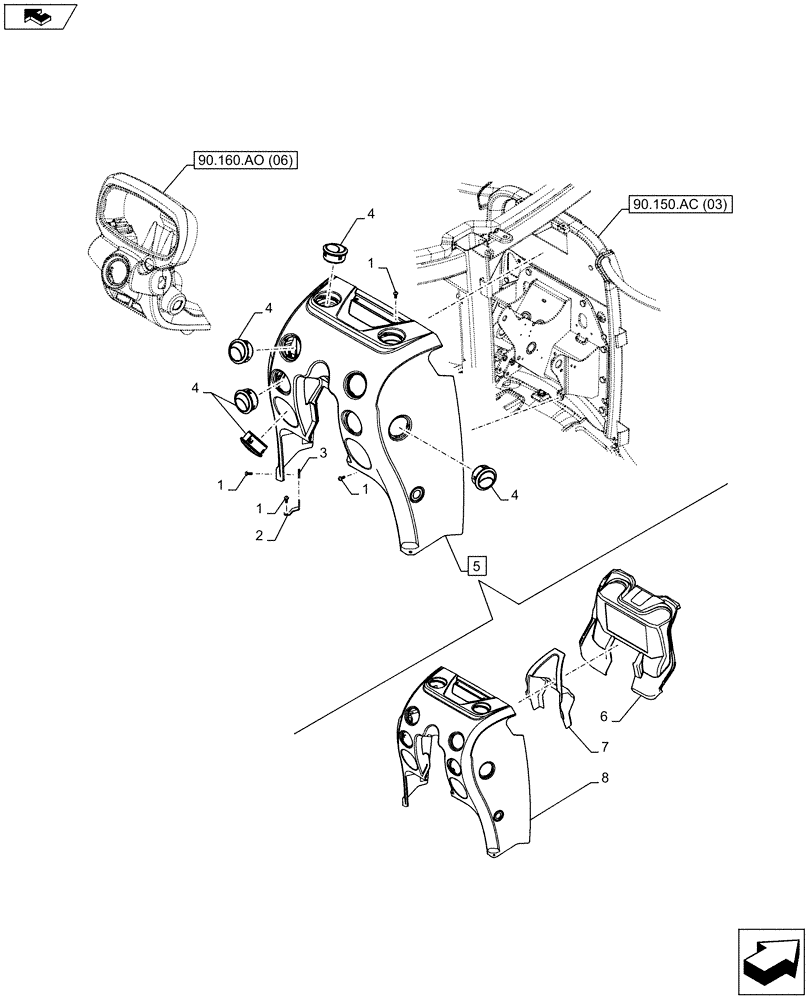 Схема запчастей Case IH FARMALL 85C - (90.160.AO[05]) - VAR - 331606, 334181, 334182, 334184, 334212, 339606 - INSTRUMENT PANEL, W/ CAB (90) - PLATFORM, CAB, BODYWORK AND DECALS