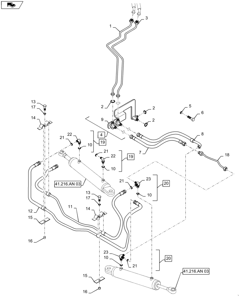 Схема запчастей Case IH MAXXUM 110 - (41.216.AV[01]) - VAR - 330414, 330427 - CL.3 SUSPENDED FRONT AXLE - STEERING CYLINDER AND POWER STEERING PIPES (41) - STEERING