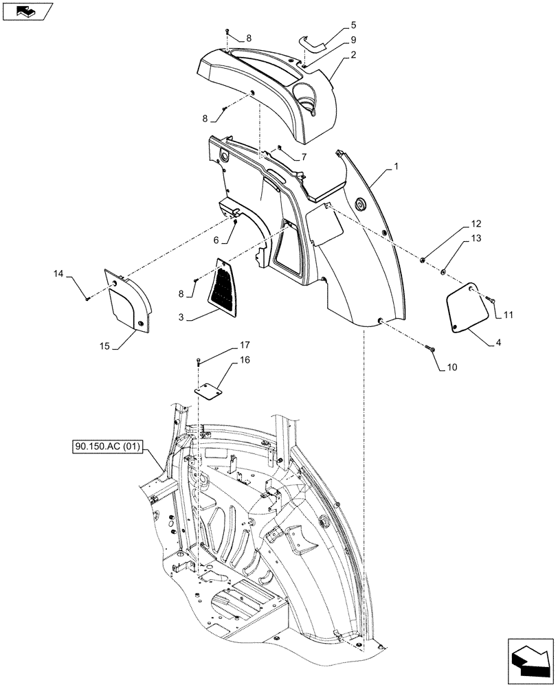 Схема запчастей Case IH FARMALL 95C - (90.160.AM[05]) - VAR - 334179, 334211, 336606, 391606, 743496, 7432573 - CAB INTERIOR TRIM, LEFT SIDE (90) - PLATFORM, CAB, BODYWORK AND DECALS