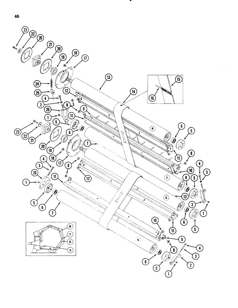 Схема запчастей Case IH 3650 - (46) - BELTS & ROLLER ASSYS 5 - 8, MACHINES WITH 1-1/4" (31 MM) ID HEX BORE BEARINGS, P.I.N. 001531 & AFTER 