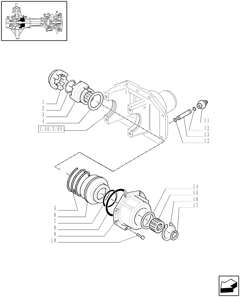 Схема запчастей Case IH MAXXUM 140 - (1.40. 3/07[02A]) - (CL.3) FRONT AXLE WITH DOG CLUTCH AND STEERING SENSOR - DIFFERENTIAL LOCK - D5954 (VAR.330409) (04) - FRONT AXLE & STEERING