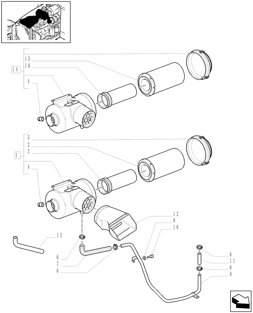 Схема запчастей Case IH MXU135 - (1.19.1/01[02]) - (VAR.198) AIRCLEANER W/PRECLEANER (02) - ENGINE EQUIPMENT