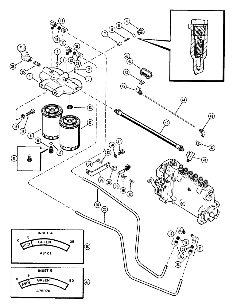 Схема запчастей Case IH 1470 - (029A) - FUEL INJ. FILTER SYSTEM, RECIRCULATING TYPE, 504BDT, DIESEL ENGINE, FIRST USED ENG. S/N 23230001 (03) - FUEL SYSTEM