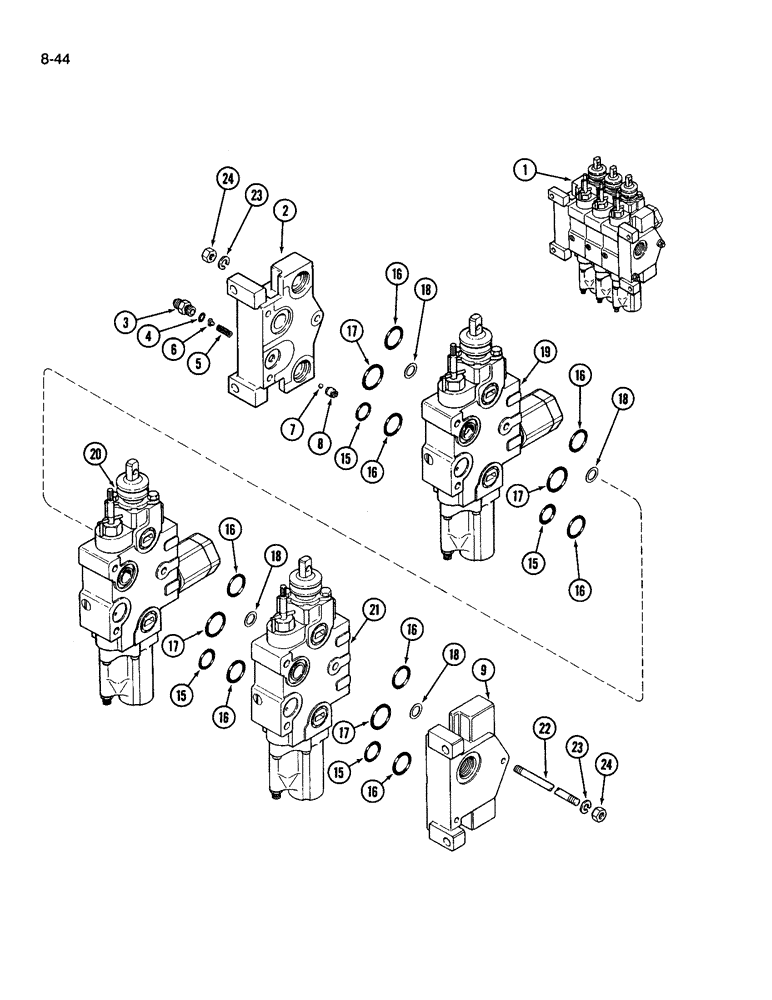 Схема запчастей Case IH 3594 - (8-044) - REMOTE HYDRAULIC VALVE, THREE SECTION, WITH LOAD CHECK ON FIRST AND SECOND SECTIONS (08) - HYDRAULICS