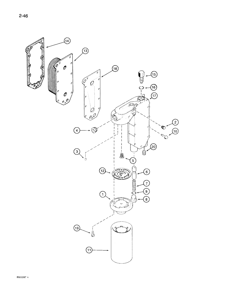 Схема запчастей Case IH 7140 - (2-046) - OIL FILTER AND COOLER, 6T-830 ENGINE, 6TA-830 ENGINE, ENGINE S/N 44500128 AND AFTER (02) - ENGINE