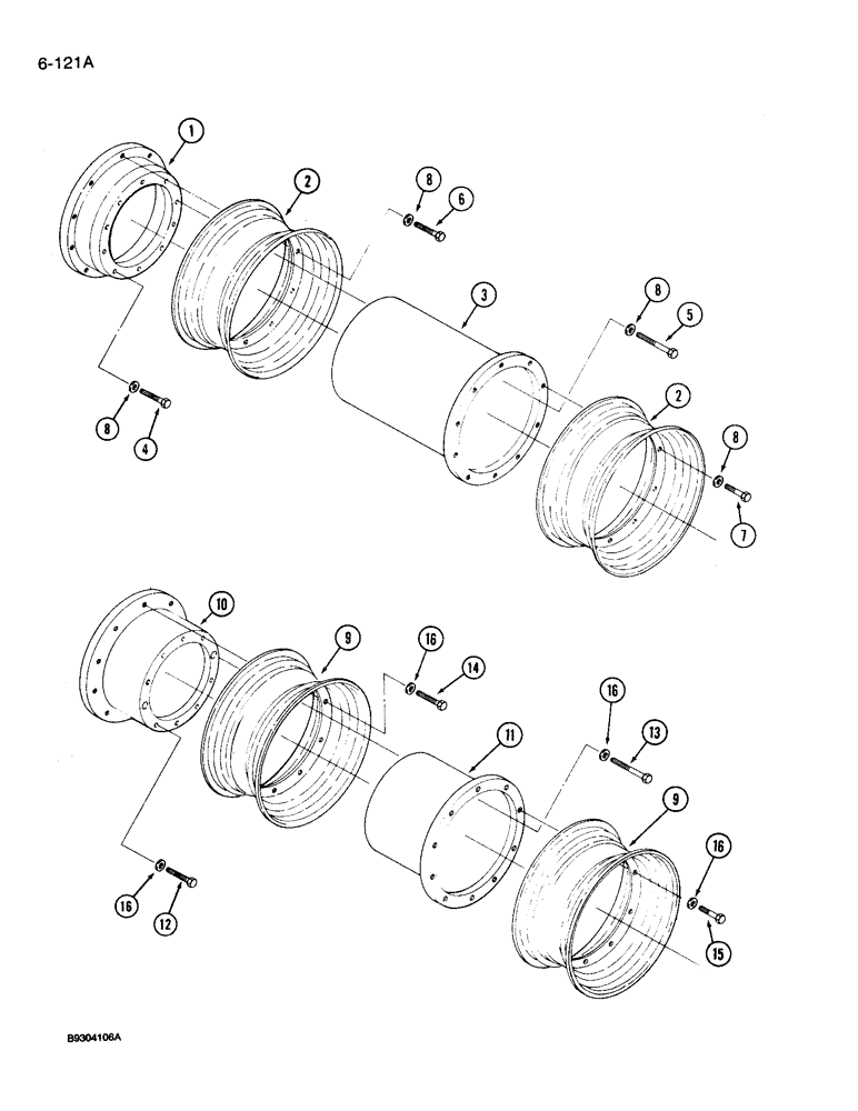 Схема запчастей Case IH 9250 - (6-121A) - WHEELS, HUBS AND SPACERS, USED WITH 18.4 INCH X 42 INCH TIRES, DUAL FRONT AND DUAL REAR, FRONT AXLE (06) - POWER TRAIN