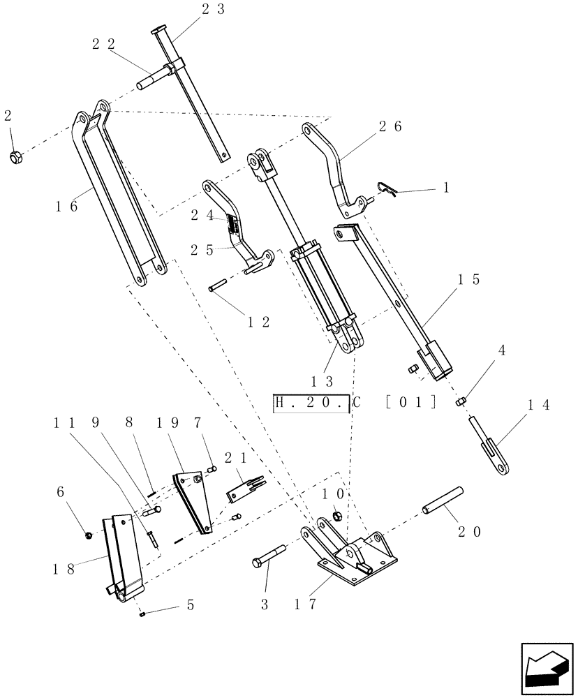 Схема запчастей Case IH SRX100 - (H.20.C[03]) - WHEELED BOOM - SLAVE CYLINDER LINKAGE ASSEMBY (RIGHT HAND SIDE) H - Working Arm