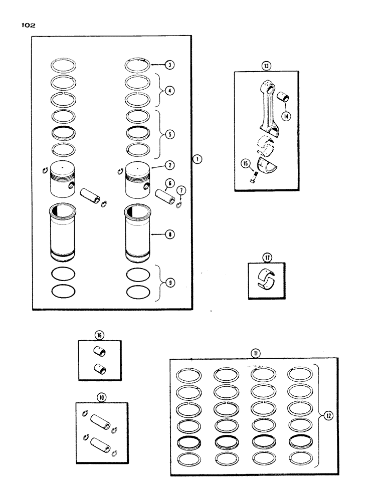 Схема запчастей Case IH 830-SERIES - (102) - PISTON ASSEMBLY AND CONNECTING RODS, MODEL 830, 284 SPARK IGNITION ENGINE (02) - ENGINE