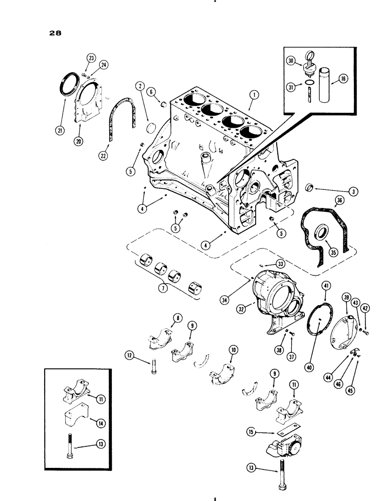 Схема запчастей Case IH 730 SERIES - (028) - CYLINDER BLOCK ASSEMBLY, MODEL 730, 251 SPARK IGNITION ENGINE, 1ST USED ENG. S/N 2174225 (02) - ENGINE